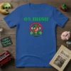 Blue t-shirt with green text "0% IRISH" and a cartoon leprechaun in a red prohibition circle