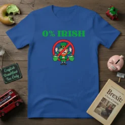 Blue t-shirt with green text "0% IRISH" and a cartoon leprechaun in a red prohibition circle