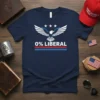 Navy blue t-shirt with "0% LIBERAL" text, an eagle graphic, and three stars, representing conservative political views
