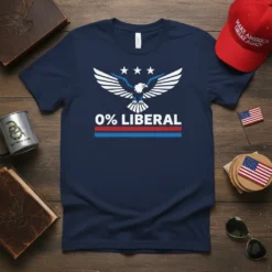 Navy blue t-shirt with "0% LIBERAL" text, an eagle graphic, and three stars, representing conservative political views