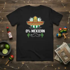 Black t-shirt with "0% MEXICAN" text, sombrero, mustache, and cacti graphic