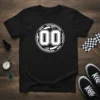 Black t-shirt with a white circular graphic featuring the number 00 in a bold, athletic font