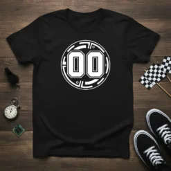 Black t-shirt with a white circular graphic featuring the number 00 in a bold, athletic font