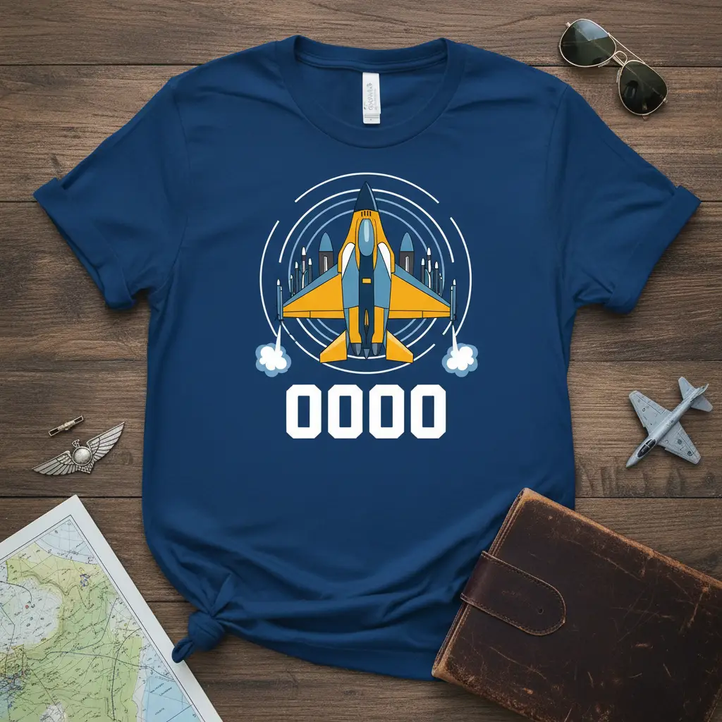 0000 fighter jet graphic with missiles and smoke, displayed on a navy blue t-shirt for aviation enthusiasts
