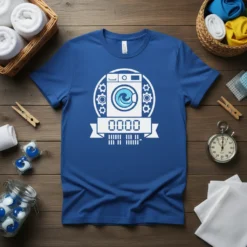 Graphic of a washing machine with "0000" displayed, surrounded by gears and a banner, on a blue t-shirt