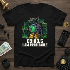 03:00.5 I AM PROFITABLE text on a t-shirt with a cartoon owl wearing VR goggles and analyzing stock market charts
