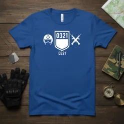 0321 0321 Military Code T-Shirt design with helmet and rifles graphic, blue shirt