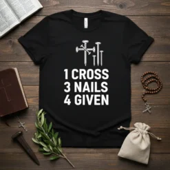Black t-shirt with white text "1 CROSS 3 NAILS 4 GIVEN" and graphic of nails forming a cross
