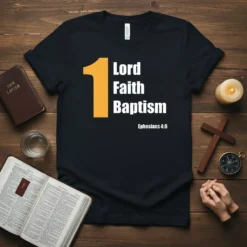 Black Christian T-Shirt with "1 Lord Faith Baptism Ephesians 4:5" in white and orange text