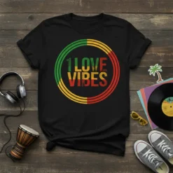 Black t-shirt with "1 LOVE VIBES" text inside a circular Rasta-colored design