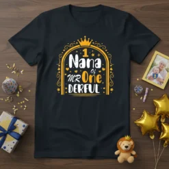 Black t-shirt with "1 Nana of MR One Derful" graphic in yellow and white, perfect for a first birthday celebration