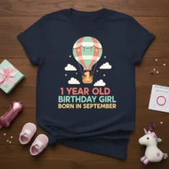 1 Year Old Birthday Girl Born In September t-shirt with hot air balloon graphic and number 1