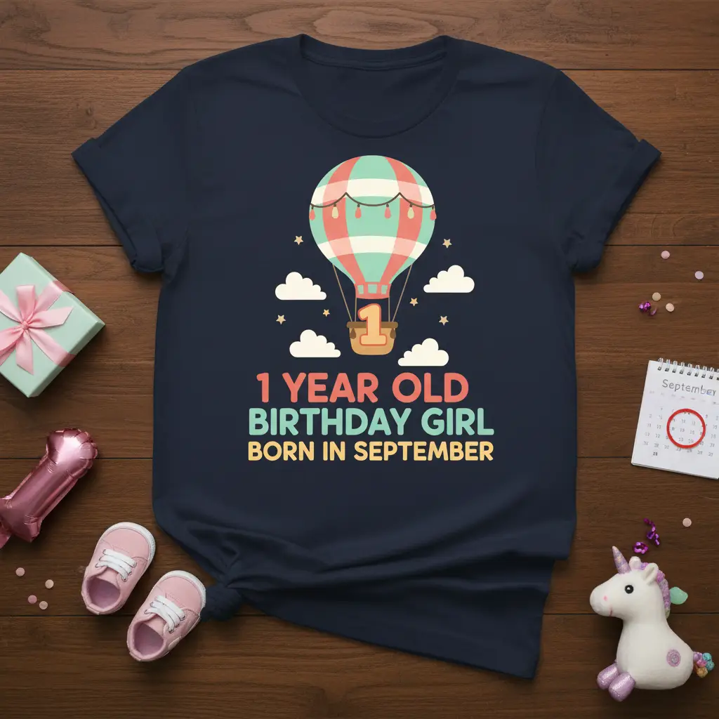 1 Year Old Birthday Girl Born In September text with hot air balloon graphic and number 1