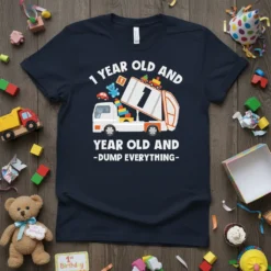 1 Year Old and Dump Everything garbage truck t-shirt design with white text and a graphic of a garbage truck