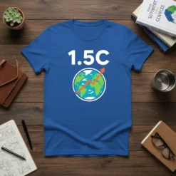 1.5C Climate Change Awareness T-Shirt design featuring the Earth with an upward trending orange line representing global warming