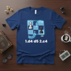 1.d4 d5 2.c4 chess opening notation on a blue t-shirt, featuring a queen and pawn graphic