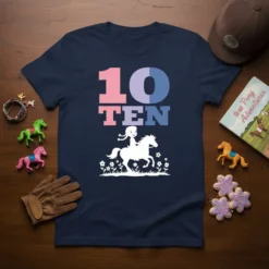 10 TEN birthday t-shirt design with a girl riding a horse and flowers, featuring pink and blue numbers and text