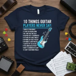 Navy t-shirt with the text "10 Things Guitar Players Never Say" and a list of funny sayings for guitarists, featuring