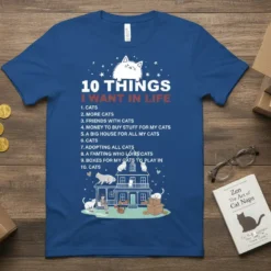 T-shirt featuring a list titled "10 Things I Want in Life" with humorous cat-related items and cute cat graphics