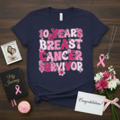 10 Years Breast Cancer Survivor text design with pink ribbon and flowers on a navy t-shirt