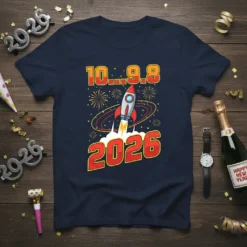 10...9.8 2026 countdown text with a rocket launching and fireworks graphic on a navy blue t-shirt