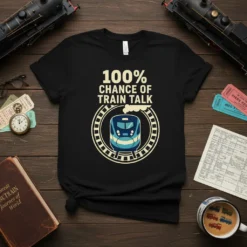 Black t-shirt with "100% Chance Of Train Talk" text and a graphic of a modern train on tracks
