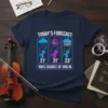 100% Chance of Violin T-Shirt featuring a weather forecast design with violins and musical notes