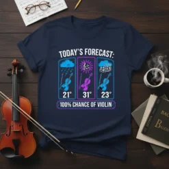 100% Chance of Violin T-Shirt featuring a weather forecast design with violins and musical notes
