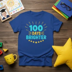 Blue t-shirt with "100 DAYS BRIGHTER" text in turquoise and yellow, celebrating the 100th day of school