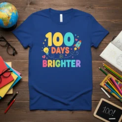 100 Days Brighter t-shirt design with colorful text, a lightbulb, and a rocket ship