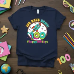 100 Days Bruh! t-shirt with a rocket and the number 100 graphic for the 100th day of school
