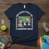 T-shirt design with text "100 Days Full of Classroom Chaos" featuring three raccoons and school elements on a navy shirt