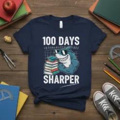 100 Days Sharper t-shirt design with a muscular shark, stack of books, and graduation cap. White text on navy blue