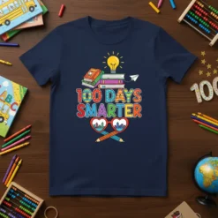 100 Days Smarter t-shirt with colorful text, books, lightbulb, and heart-shaped glasses graphic for 100th day of school