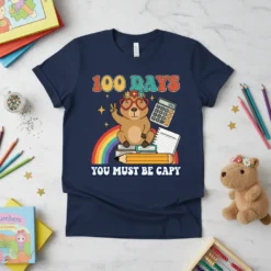 100 Days You Must Be Capy t-shirt design featuring a cute capybara wearing glasses and sitting on books, with a