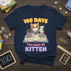100 Days You Must Be Kitten t-shirt design with a cute cat holding a scroll and sitting on an open