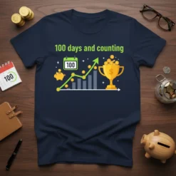 100 days and counting t-shirt with a chart, piggy bank, calendar showing 100, and trophy graphic