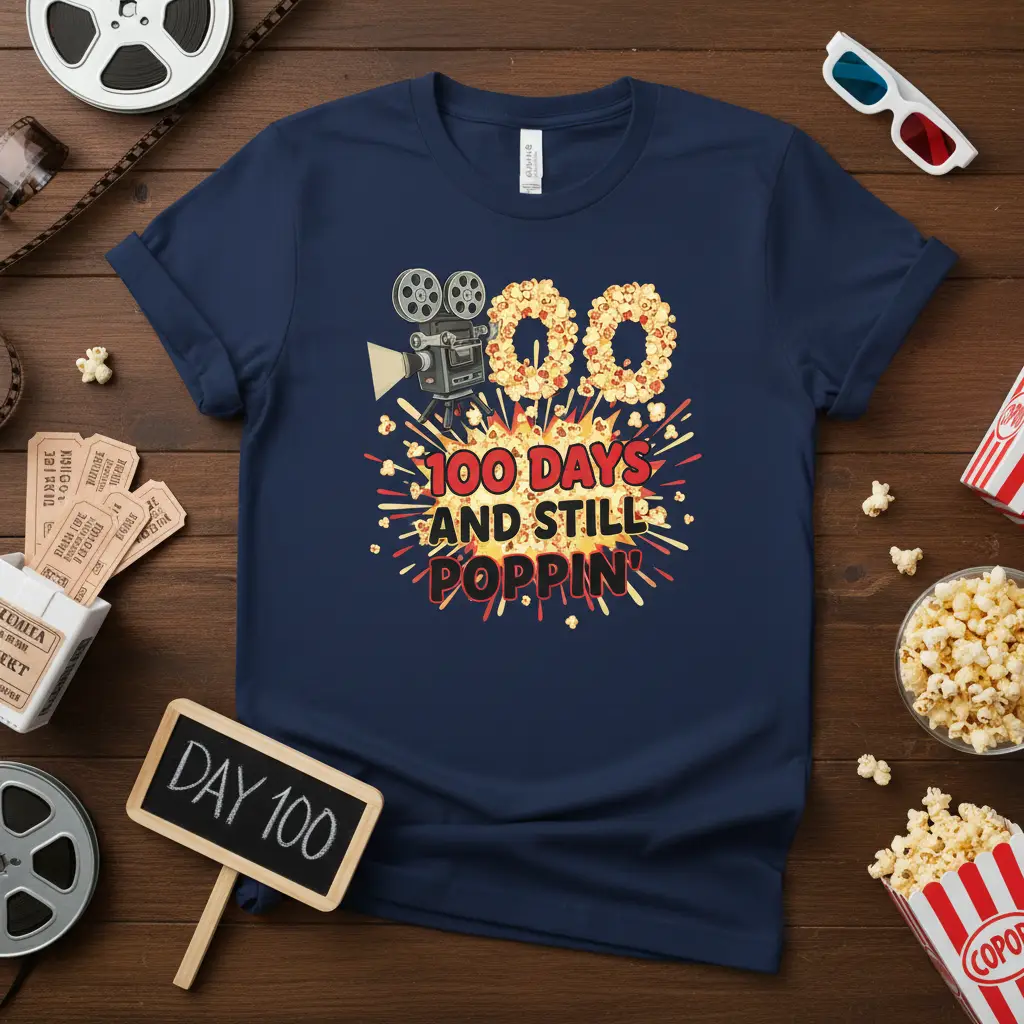 100 Days and Still Poppin' text with popcorn and film camera graphic on a navy blue t-shirt