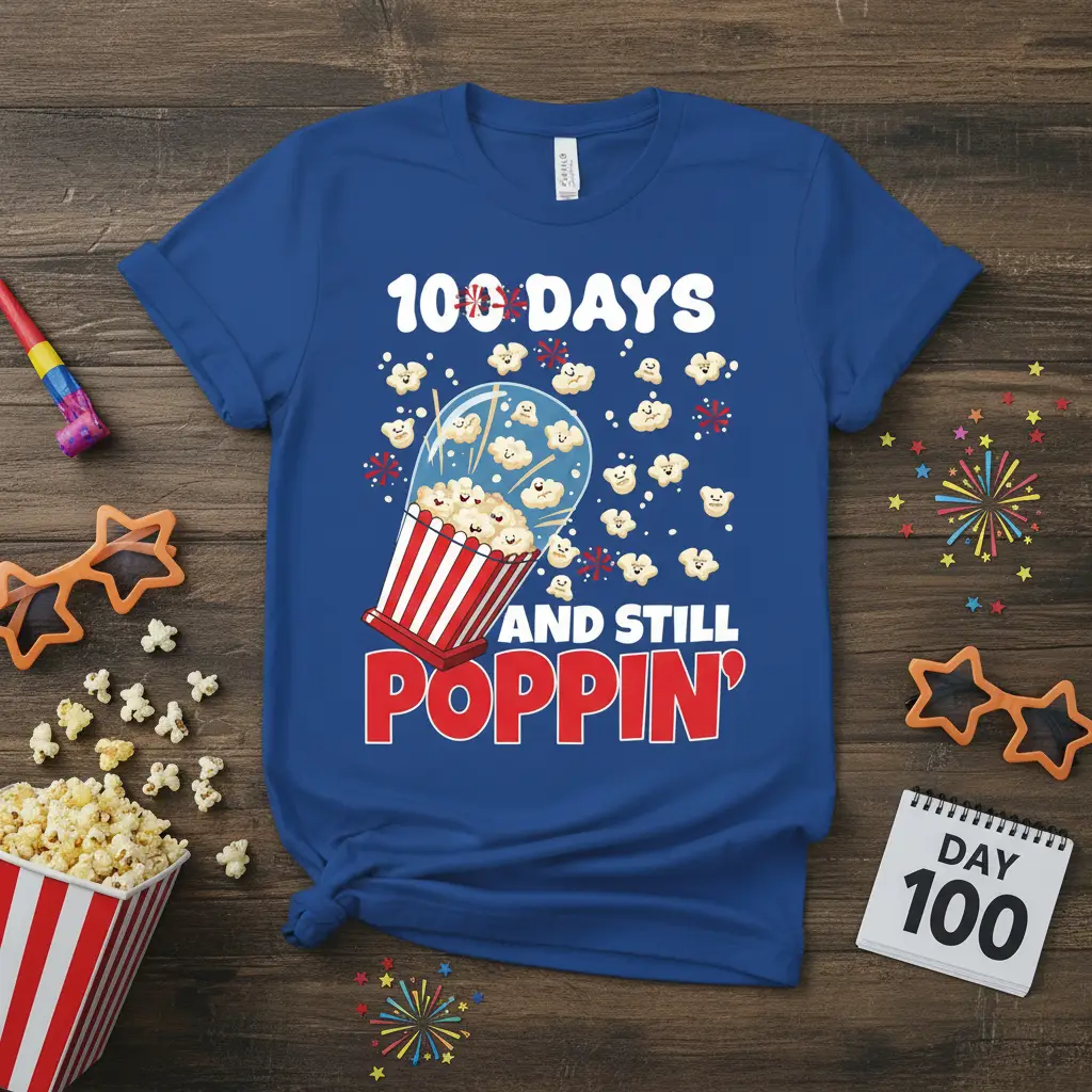 100 Days and Still Poppin' text with overflowing popcorn bucket graphic on a blue t-shirt