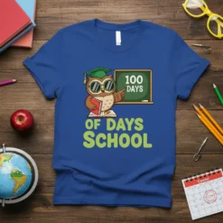 100 Days Of Days School t-shirt design featuring a graduation owl pointing to a chalkboard and text below
