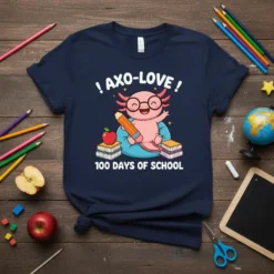 Cute axolotl character wearing glasses, holding a pencil, with books and text "100 Days of School" on a navy t-shirt