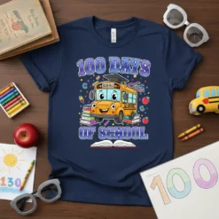 100 Days of School t-shirt with a cute cartoon school bus wearing a graduation cap and surrounded by books and