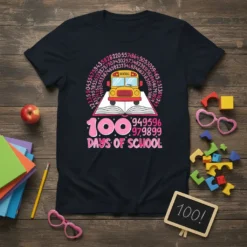 100 Days Of School t-shirt with a yellow school bus on an open book surrounded by numbers