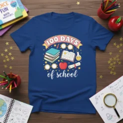 100 DAYS of school t-shirt with books, apple, and diploma graphics. Features colorful text and playful illustrations celebrating the 100th