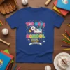 100 Days of School Finish Line t-shirt design featuring a baseball character flying on a rocket, an open book, and