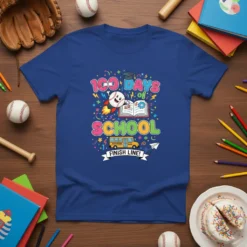 100 Days of School Finish Line t-shirt design featuring a baseball character flying on a rocket, an open book, and