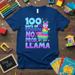 100 Days of School No Prob Llama text with a cute llama wearing glasses and a graduation cap on a