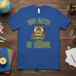 100 Days of School t-shirt design with a cute owl wearing glasses and a backpack, holding a chalkboard