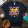 100 Days of School t-shirt design with pink glitter "School" text, a yellow softball bow, crossed baseball bats, and a