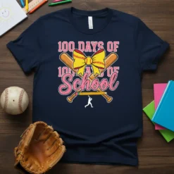 100 Days of School t-shirt design with pink glitter "School" text, a yellow softball bow, crossed baseball bats, and a